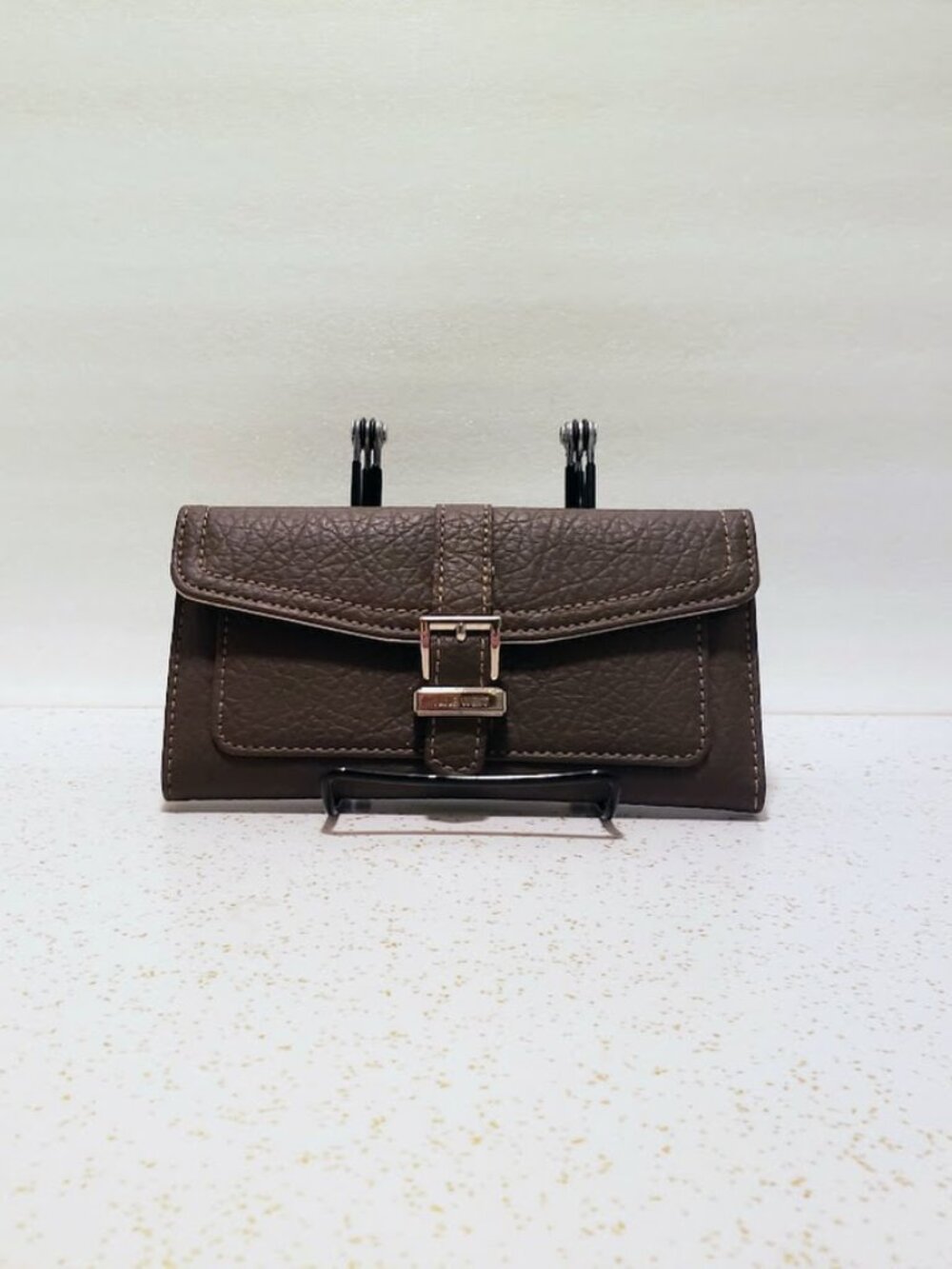 Nine West Matte Gray/Brown Faux Leather Trifold Secretary Buckle Wallet
